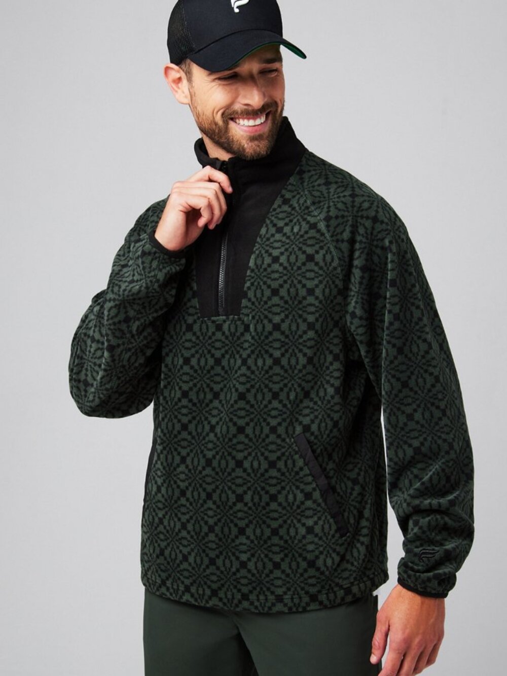 Men’s/Unisex Forest Green Patterned Fleece Quarter Zip Size L w/ Front Pocket